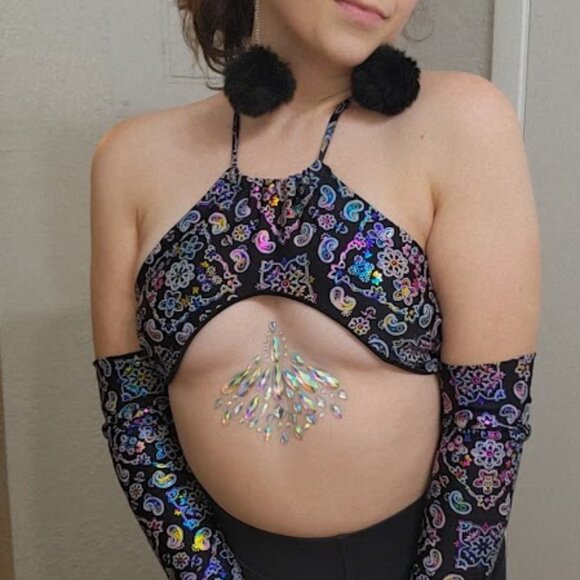 Holographic Paisley Underboob Halter Top + Matching Arm Sleeves - Picture 3 of 5